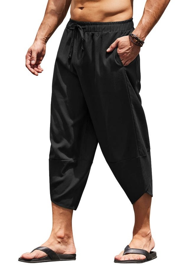 COOFANDY Men's Linen Harem Capri Pants Lightweight Loose 3/4 Shorts Drawstring Elastic Waist Casual Hippie Beach Yoga Trousers Black, M - Image 1