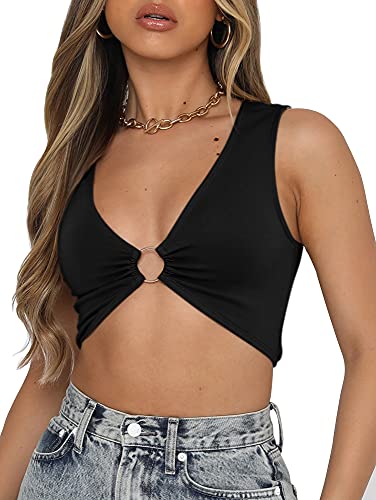 AEVZIV Sexy Crop Tops for Women Sleeveless Deep V Neck Workout Tops Plunge Ring Cleavage Cropped Tank Top Black L - Image 2
