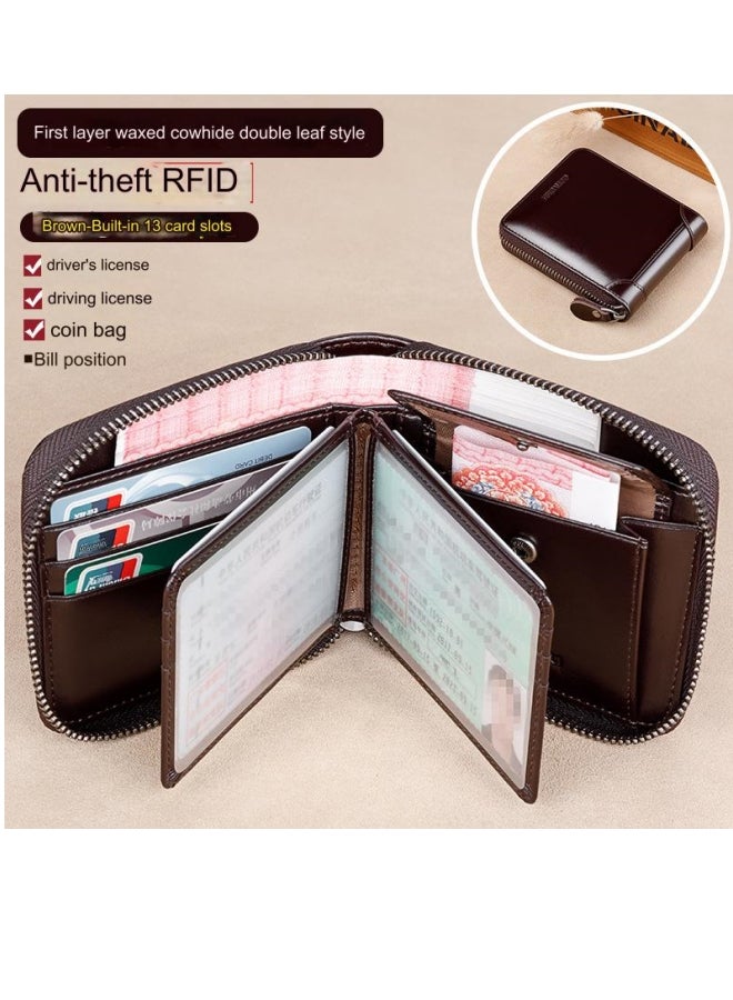 بانيانو محفظة قصيرة من الجلد الطبيعي ذات سعة كبيرة للرجال متعددة الوظائف من جلد البقر باللون البني بنمط الورقة المزدوجة - Image 1