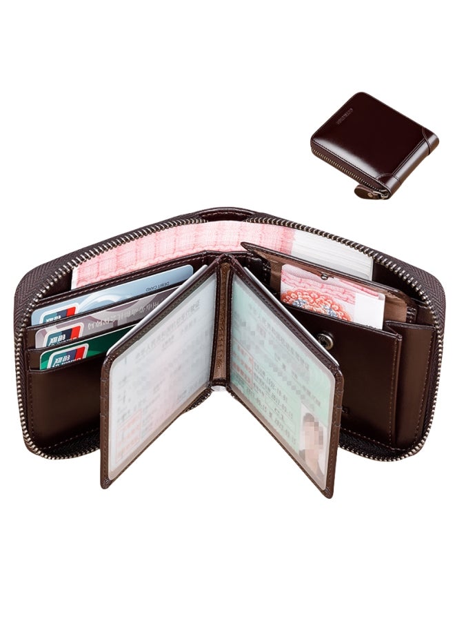 بانيانو محفظة قصيرة من الجلد الطبيعي ذات سعة كبيرة للرجال متعددة الوظائف من جلد البقر باللون البني بنمط الورقة المزدوجة - Image 2