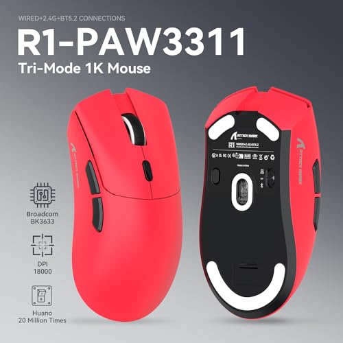 MAMBASNAKE Attack Shark R1 Wireless Gaming Mouse,PAW3311 Optical Sensor 18K DPI,59g Ultralight 2.4Ghz/BT/Wired Computer Mice for Win/Mac - Red - Image 2