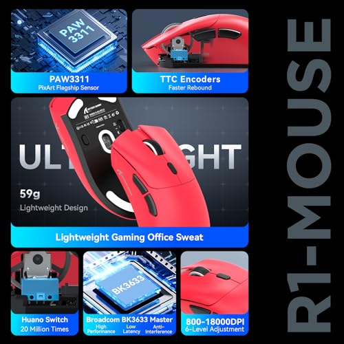 MAMBASNAKE Attack Shark R1 Wireless Gaming Mouse,PAW3311 Optical Sensor 18K DPI,59g Ultralight 2.4Ghz/BT/Wired Computer Mice for Win/Mac - Red - Image 3