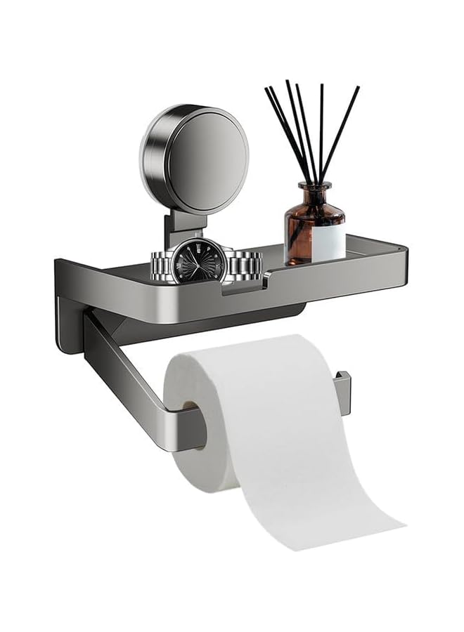 Suction Cup Toilet Paper Holder, Toilet Paper Holder with Phone Shelf, Grey Aluminium Toilet Tissue Holder for Bathroom, Multifunctional Bathroom Toilet Paper Holder Storage