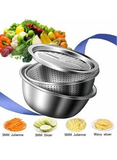 Generic 3Pcs/Set Grater Strainer Sieve Basin Washing Bowl Set Vegetable Cutter Stainless Steel Kitchen Tool for Knead Dough Salad multicolor 28x28x28cm  - Image 4