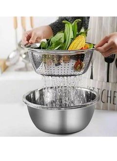 Generic 3Pcs/Set Grater Strainer Sieve Basin Washing Bowl Set Vegetable Cutter Stainless Steel Kitchen Tool for Knead Dough Salad multicolor 28x28x28cm  - Image 2