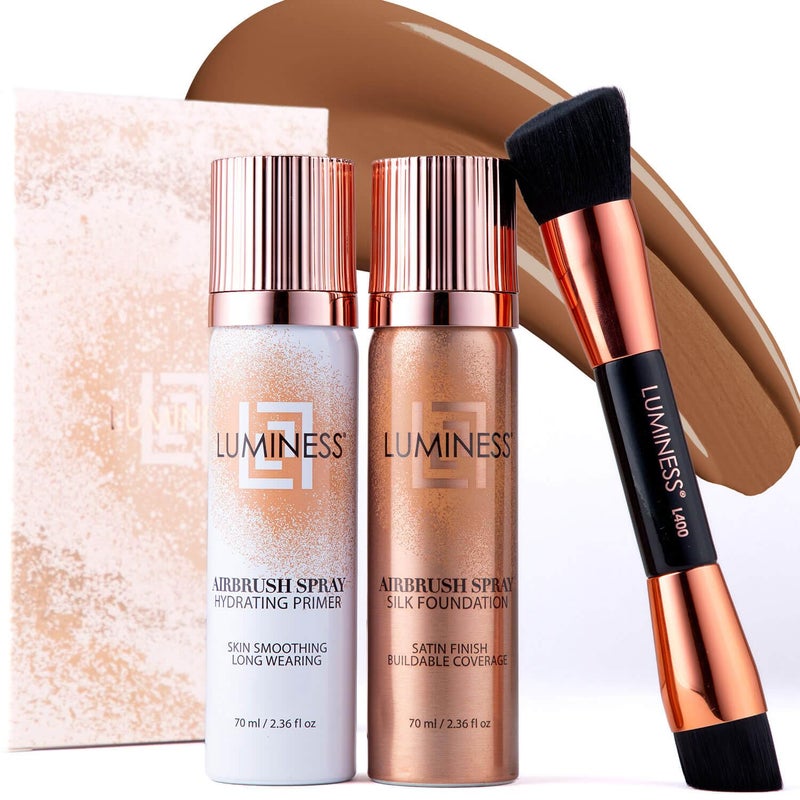 LUMINESS Airbrush Spray Silk Foundation Starter Kit  Tan Dark  Foundation Primer  DualSided Angled Buffing Brush  Medium Buildable Coverage AntiAging Formula Hydrates  Moisturizes