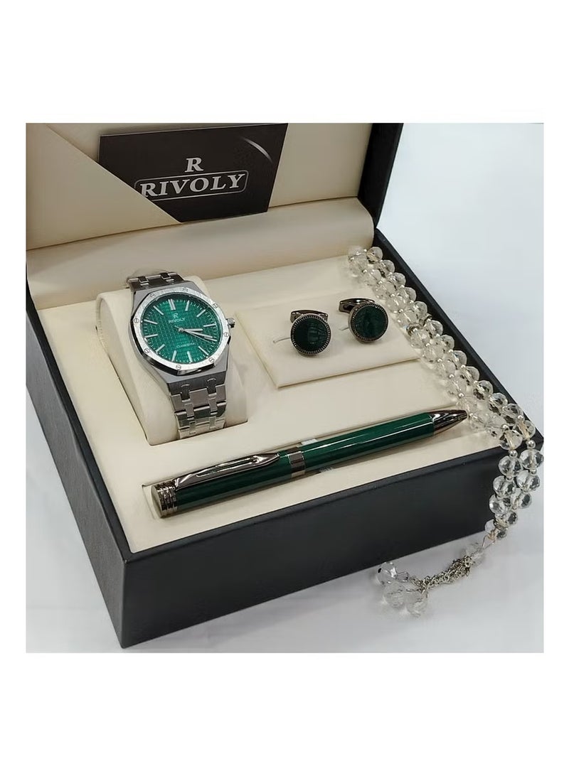 Men's stainless steel set consisting of a watch, a rosary, a pen and cufflinks