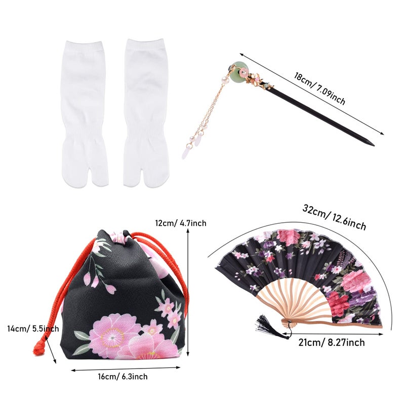 PLULON 5Pcs Japanese Robe Geisha Yukata Dress Blossom Satin Bathrobe with Drawstring Bag Hand Fan Hairpin Tabi Socks Set for Women - Image 5