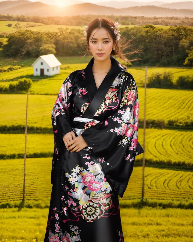 PLULON 5Pcs Japanese Robe Geisha Yukata Dress Blossom Satin Bathrobe with Drawstring Bag Hand Fan Hairpin Tabi Socks Set for Women - Image 2