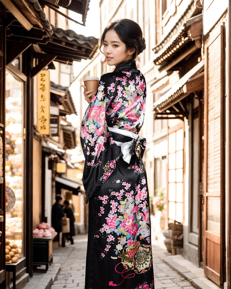 PLULON 5Pcs Japanese Robe Geisha Yukata Dress Blossom Satin Bathrobe with Drawstring Bag Hand Fan Hairpin Tabi Socks Set for Women - Image 3