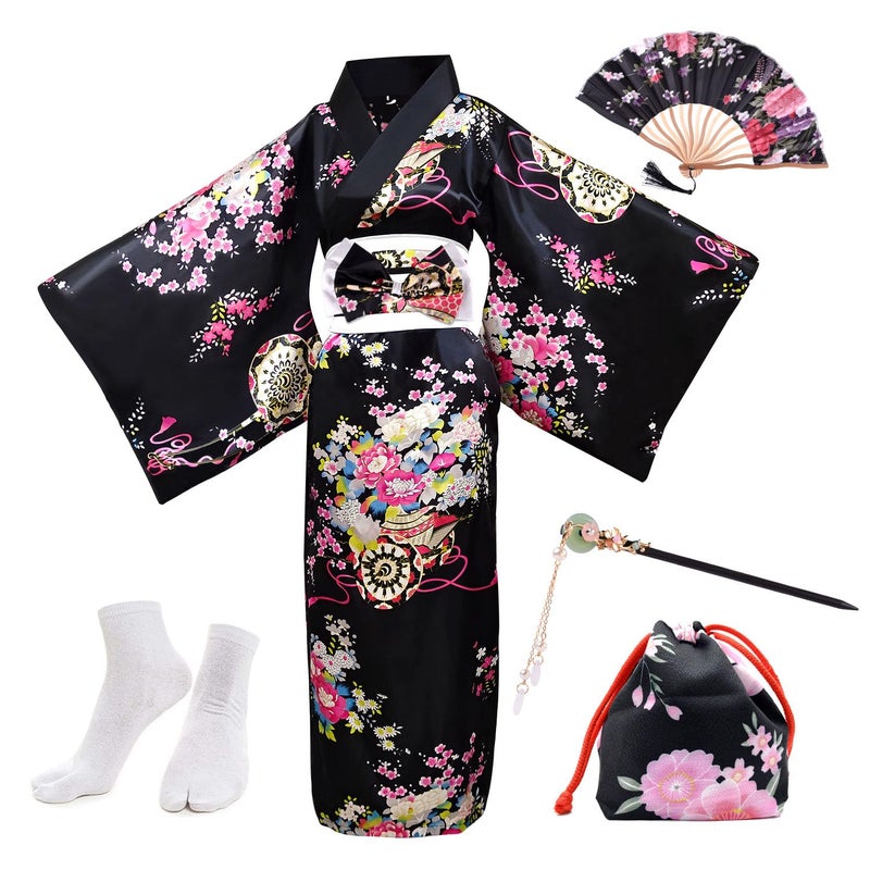 PLULON 5Pcs Japanese Robe Geisha Yukata Dress Blossom Satin Bathrobe with Drawstring Bag Hand Fan Hairpin Tabi Socks Set for Women - Image 1