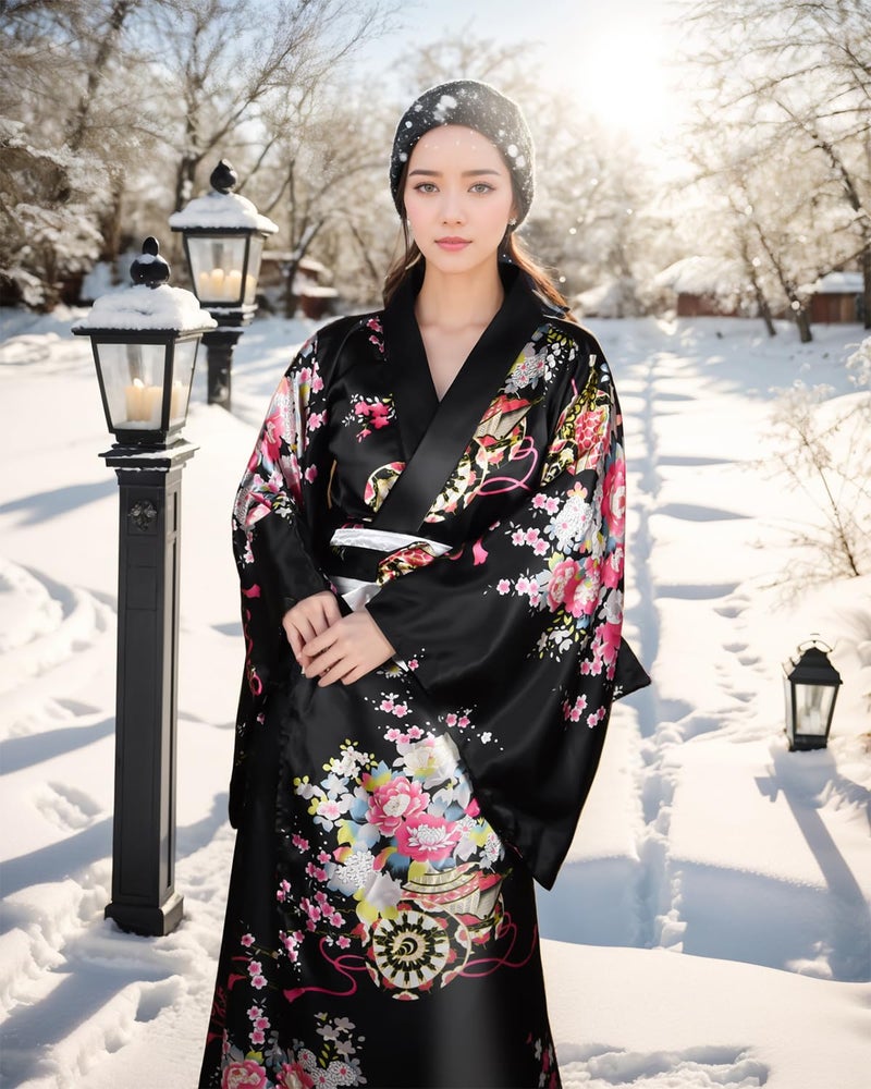 PLULON 5Pcs Japanese Robe Geisha Yukata Dress Blossom Satin Bathrobe with Drawstring Bag Hand Fan Hairpin Tabi Socks Set for Women - Image 4