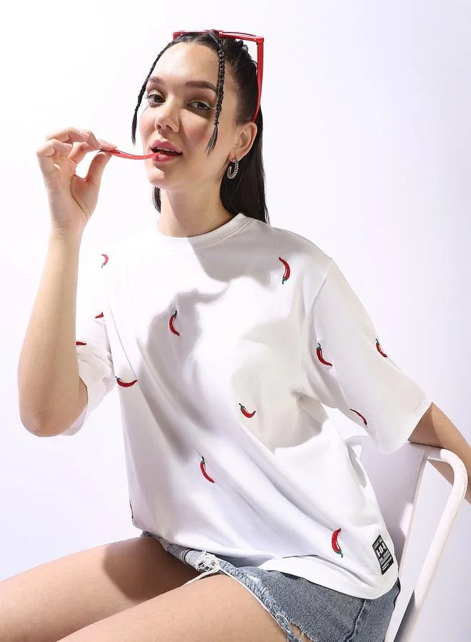 هوبرهولمي تيشيرت أوف وايت قطن مطرز كبير الحجم للسيدات