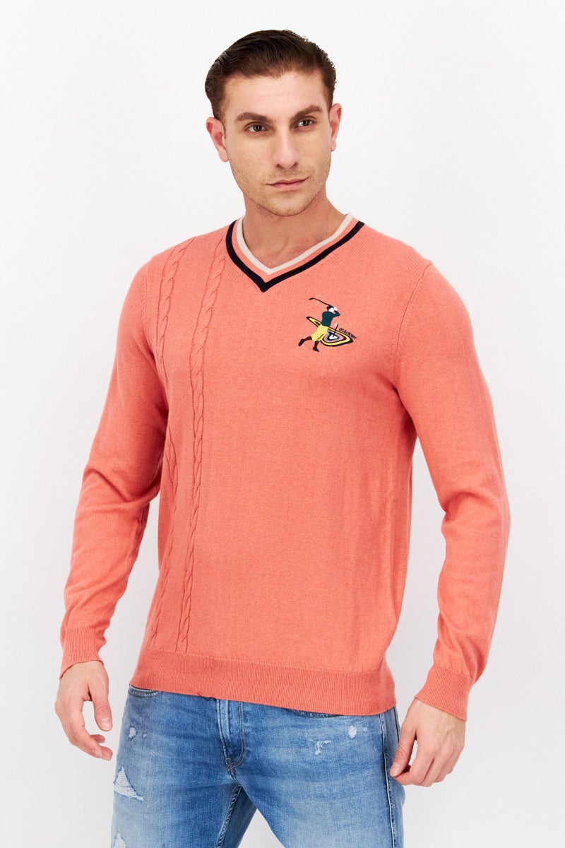 Lyle & Scott سويت شيرت مزخرف بأكمام طويلة على شكل حرف V للرجال، وردي - Image 1