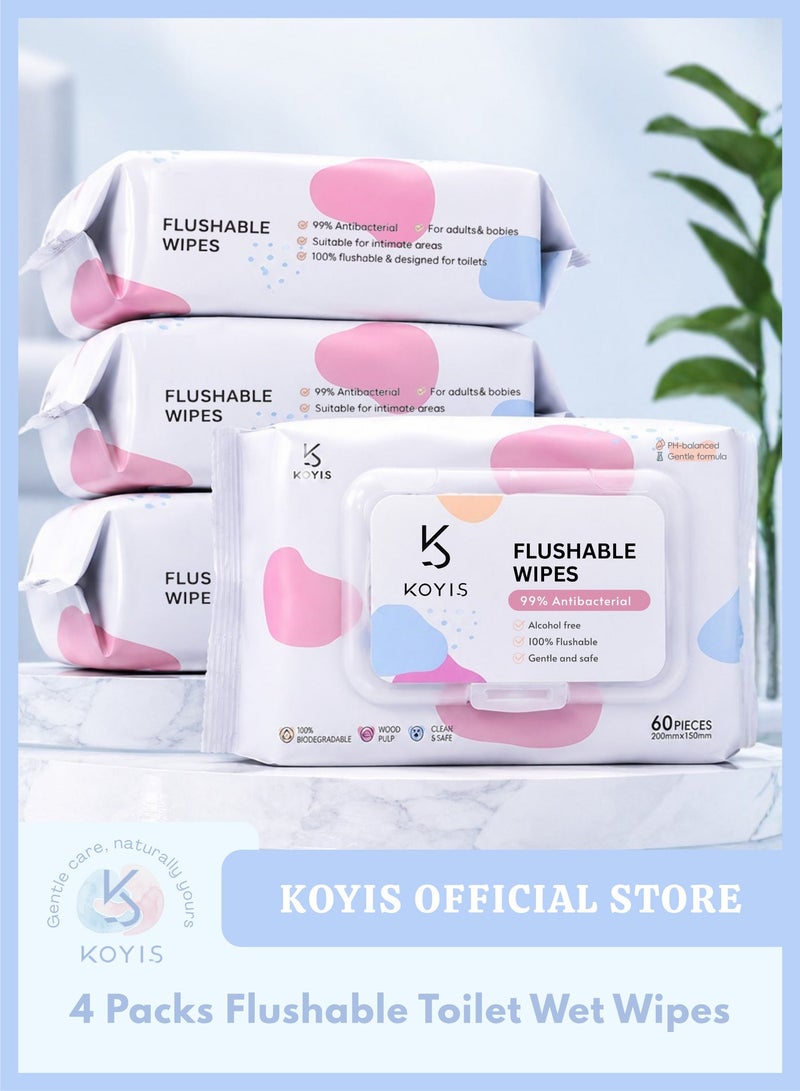 KOYIS Flushable Wet Wipes, Biodegradable Wet Toilet Paper, Plant-Based Fibres, Septic & Sewer Safe, Alcohol-Free, Gentle for Sensitive Skin - 4 Packs - Image 1