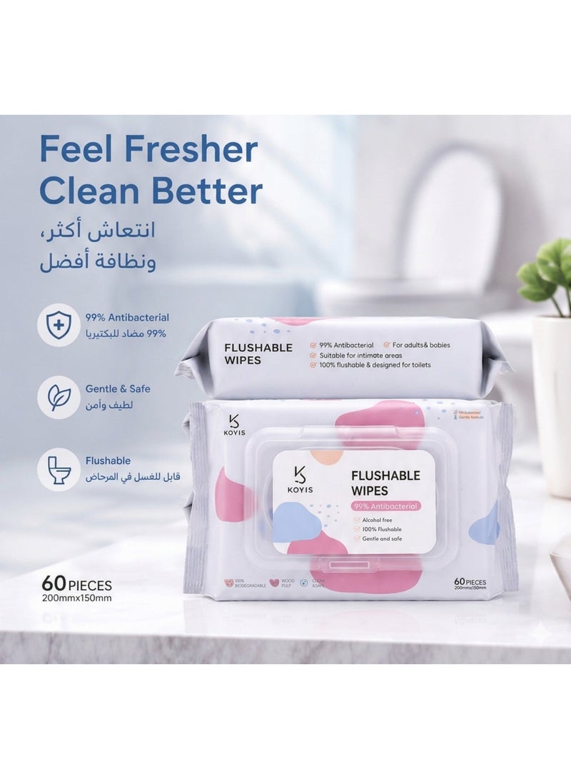 KOYIS Flushable Wet Wipes, Biodegradable Wet Toilet Paper, Plant-Based Fibres, Septic & Sewer Safe, Alcohol-Free, Gentle for Sensitive Skin - 4 Packs - Image 2