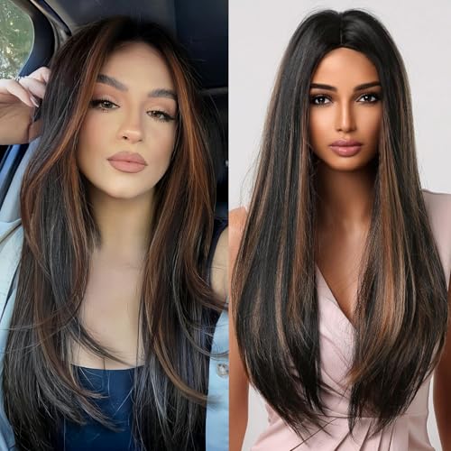 Allbell Brown Wigs Long Black Wigs for Black Women Straight Dark Brown Hair Wigs with Blonde Highlights Long Middle Part Wig Fiber Synthetic Wig For Girl Party Use - Image 1