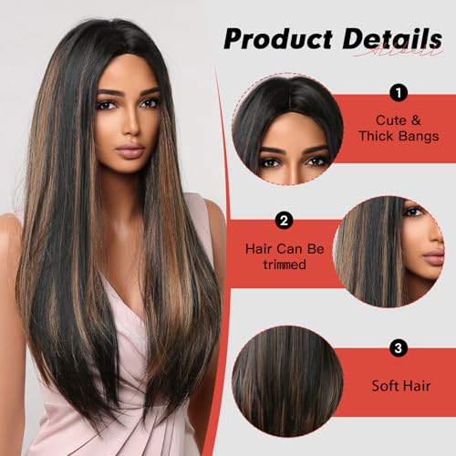 Allbell Brown Wigs Long Black Wigs for Black Women Straight Dark Brown Hair Wigs with Blonde Highlights Long Middle Part Wig Fiber Synthetic Wig For Girl Party Use - Image 2