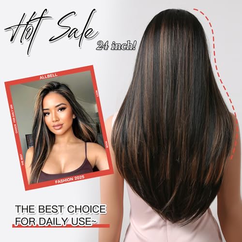 Allbell Brown Wigs Long Black Wigs for Black Women Straight Dark Brown Hair Wigs with Blonde Highlights Long Middle Part Wig Fiber Synthetic Wig For Girl Party Use - Image 4