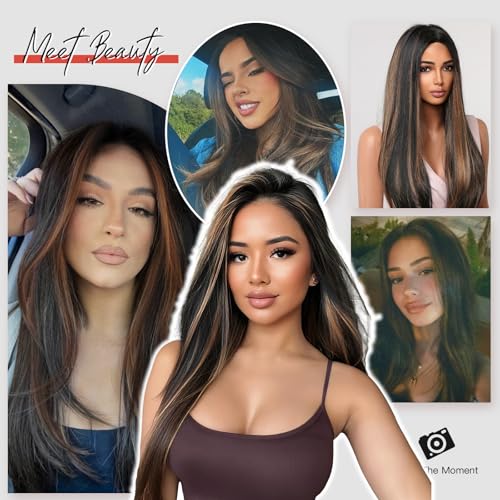 Allbell Brown Wigs Long Black Wigs for Black Women Straight Dark Brown Hair Wigs with Blonde Highlights Long Middle Part Wig Fiber Synthetic Wig For Girl Party Use - Image 5