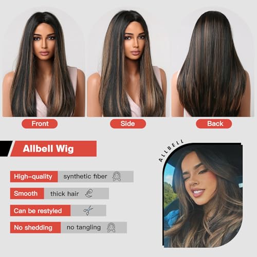 Allbell Brown Wigs Long Black Wigs for Black Women Straight Dark Brown Hair Wigs with Blonde Highlights Long Middle Part Wig Fiber Synthetic Wig For Girl Party Use - Image 3