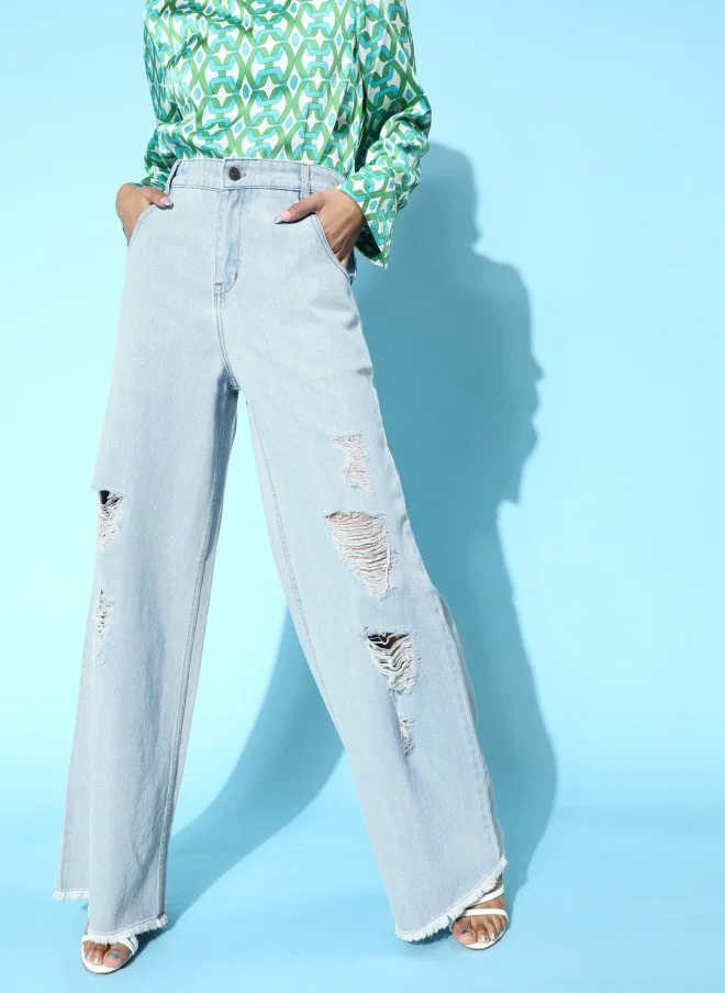 SASSAFRAS Stunning Blue High-Rise Straight Fit Jeans for Women