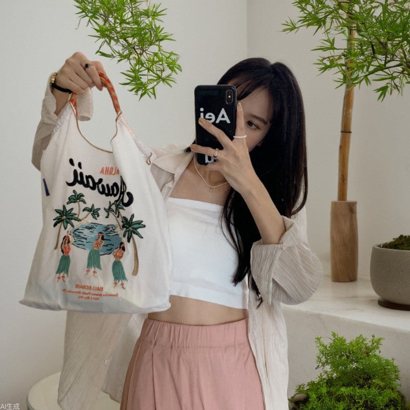24271 Internet Red Day Niche Embroidered Shopping Bag Nylon Handbag Student Shoulder Bag Environmentally Friendly Lunch Bag - Image 2