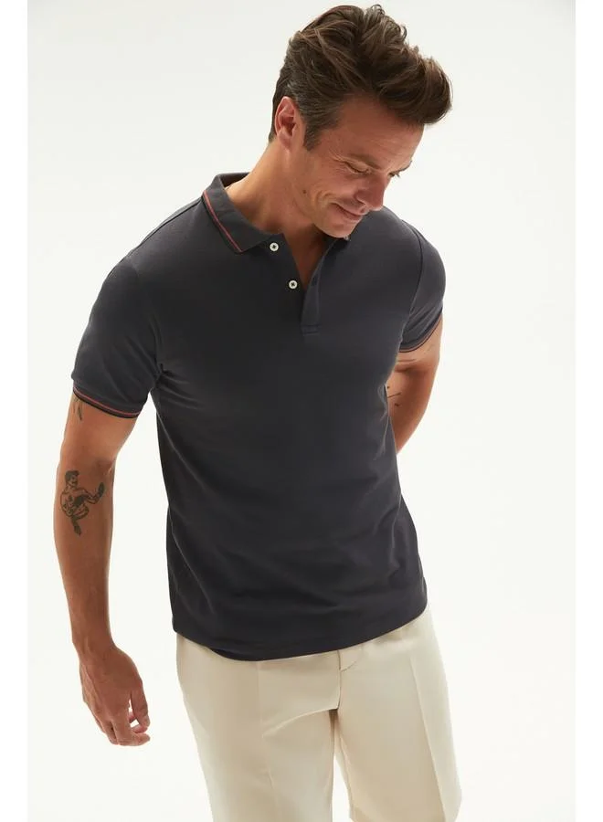JUNE June Men Regular Fit 100% Cotton Double Stripe Detailed Polo Neck Tshirt Anthracite