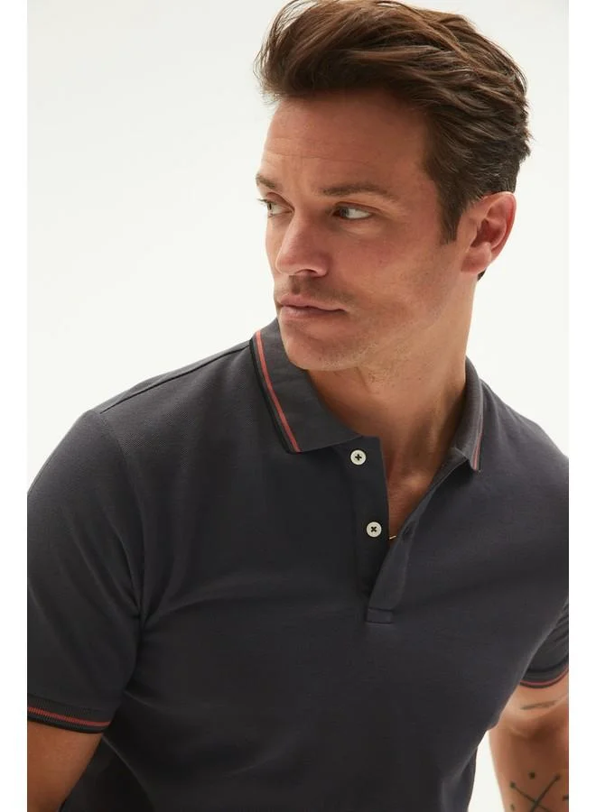JUNE June Men Regular Fit 100% Cotton Double Stripe Detailed Polo Neck Tshirt Anthracite