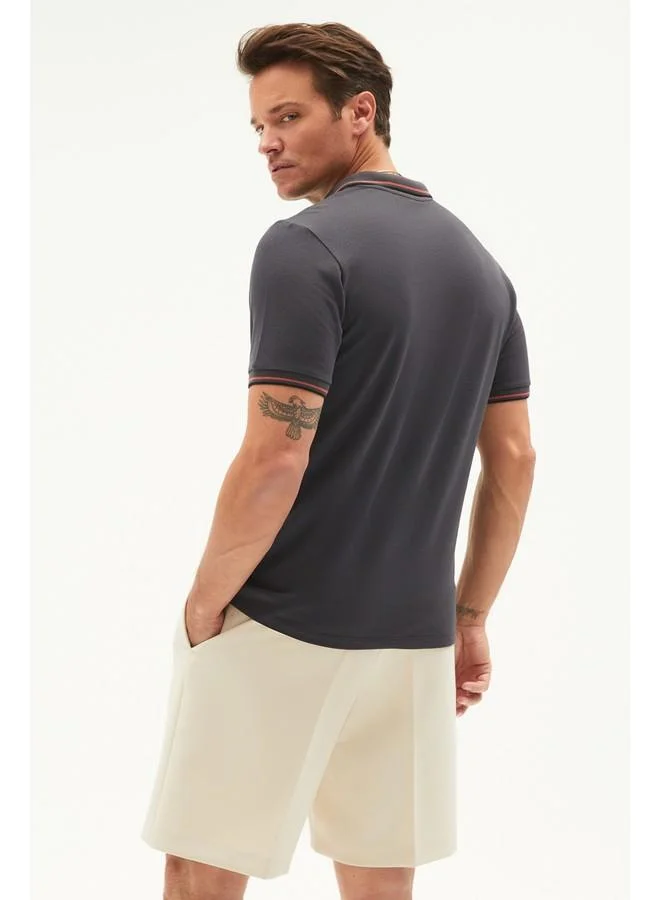 JUNE June Men Regular Fit 100% Cotton Double Stripe Detailed Polo Neck Tshirt Anthracite