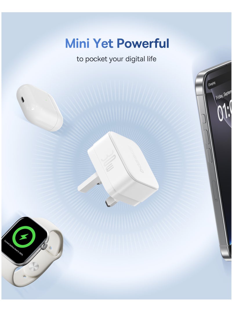 بيسوس شاحن سريع 30 واط GaN USB-C PD، محول حائط مدمج لـ iPhone 16 Pro Max/15/14، iPad Pro/Air، Samsung S25 Ultra/S24 Ultra، Xiaomi Redmi Note 14/13/12، POCO X7 Pro، HONOR، Realme، OnePlus، محول طاقة شحن فائق السرعة Type-C للهواتف والأجهزة اللوحية (أبيض) - Image 3