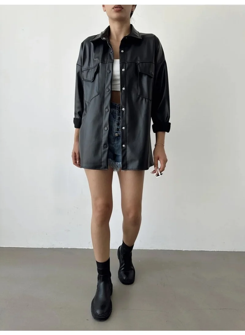 Swana Faux Leather Pocket Jacket Shirt