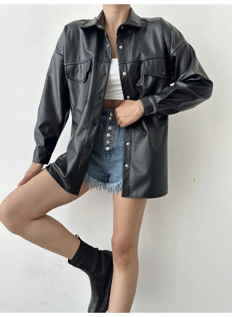 Swana Faux Leather Pocket Jacket Shirt