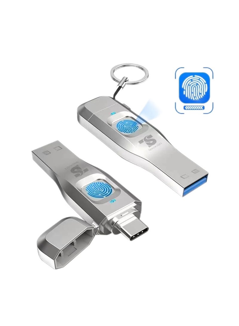 Fingerprint-Encrypted USB Drive 128GB - Dual Interface Type-C/USB for Mobile and Computer Use High-Capacity High-Speed Transfer Data Security Protection Digital Storage Drive - Image 1