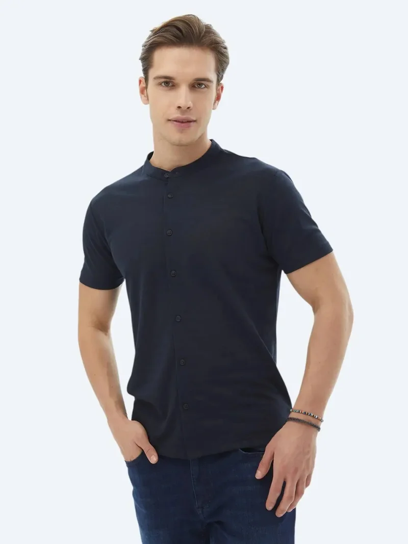 Kip Navy Blue Plain Regular Fit Knitting Casual Shirt