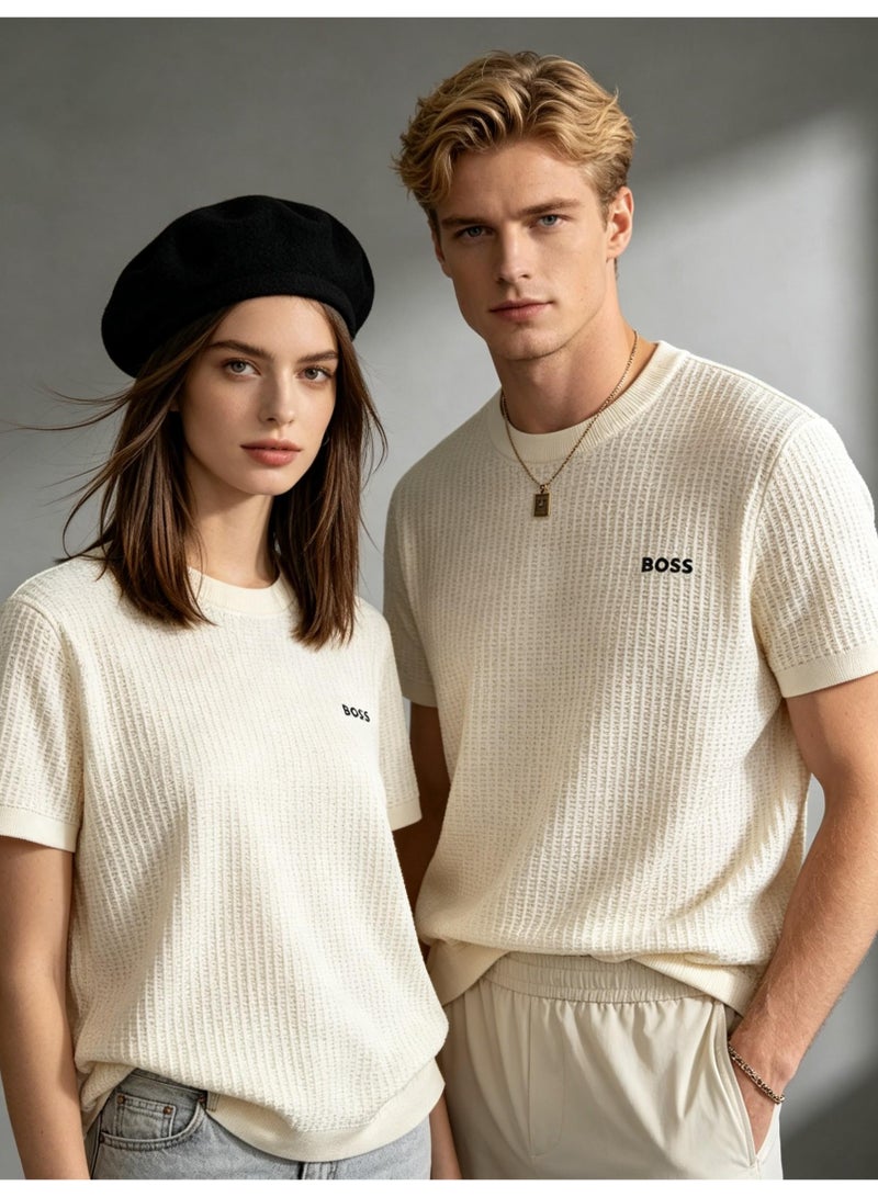 BOSS Unisex Short Sleeve Waffle Knit Crew Neck T-Shirt, Off White, Men's Women's Casual Top - Image 1