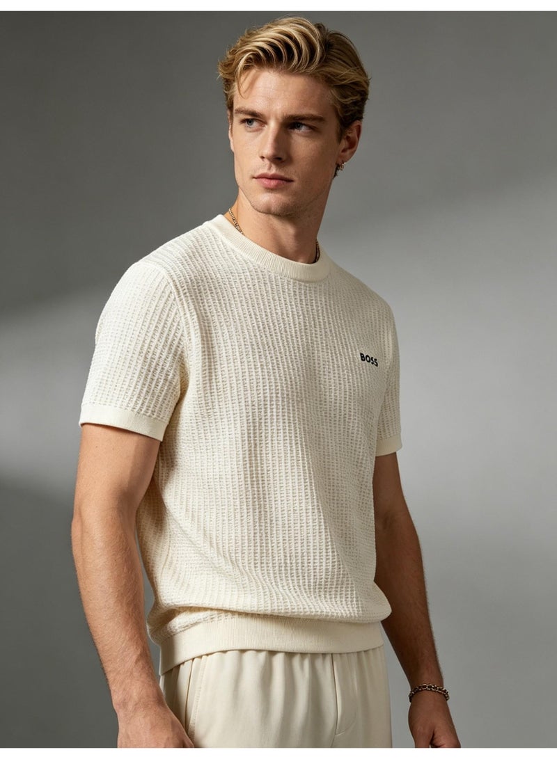 BOSS Unisex Short Sleeve Waffle Knit Crew Neck T-Shirt, Off White, Men's Women's Casual Top - Image 5