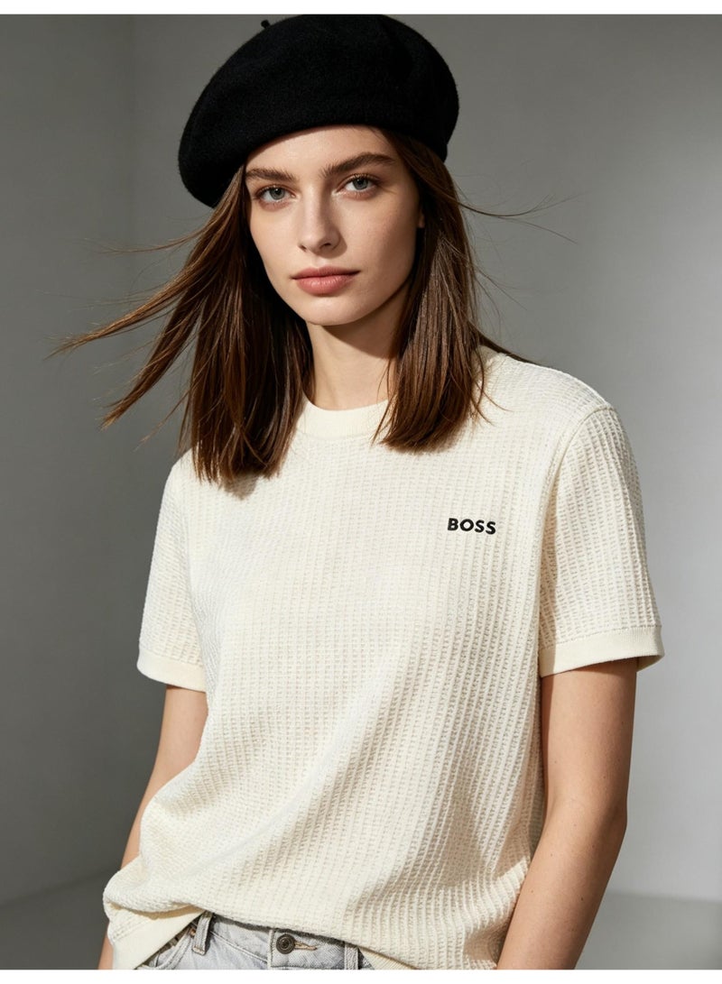 BOSS Unisex Short Sleeve Waffle Knit Crew Neck T-Shirt, Off White, Men's Women's Casual Top - Image 4