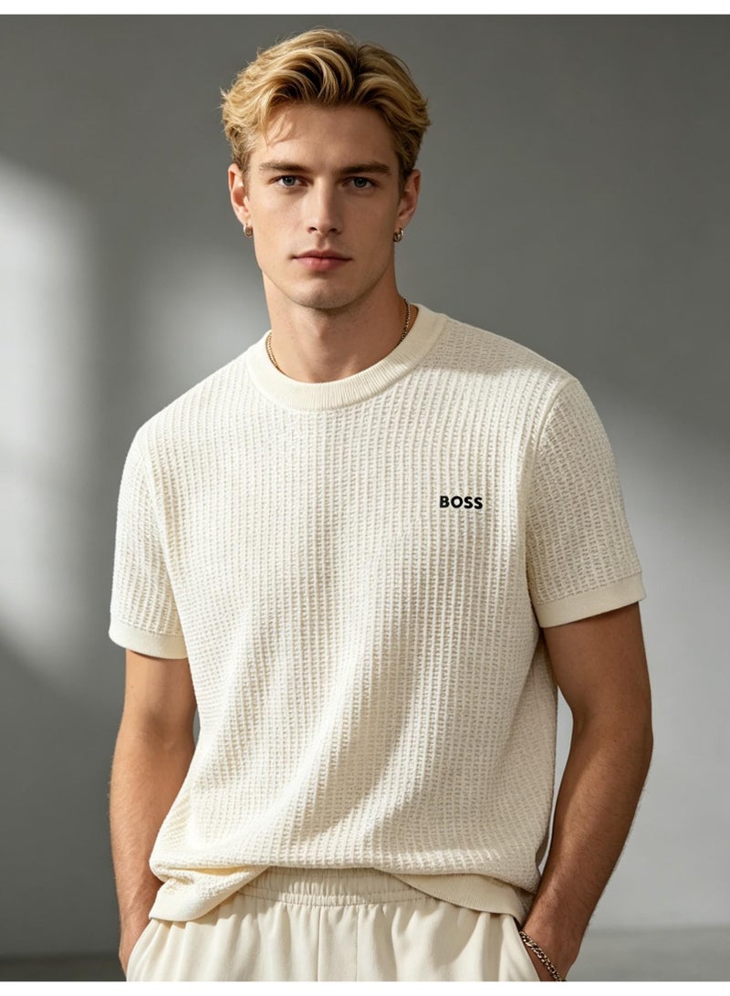 BOSS Unisex Short Sleeve Waffle Knit Crew Neck T-Shirt, Off White, Men's Women's Casual Top - Image 2