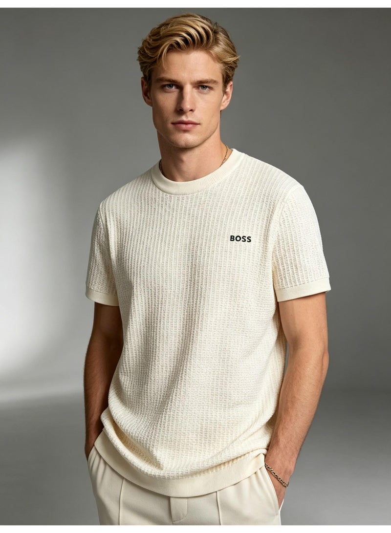 BOSS Unisex Short Sleeve Waffle Knit Crew Neck T-Shirt, Off White, Men's Women's Casual Top - Image 3