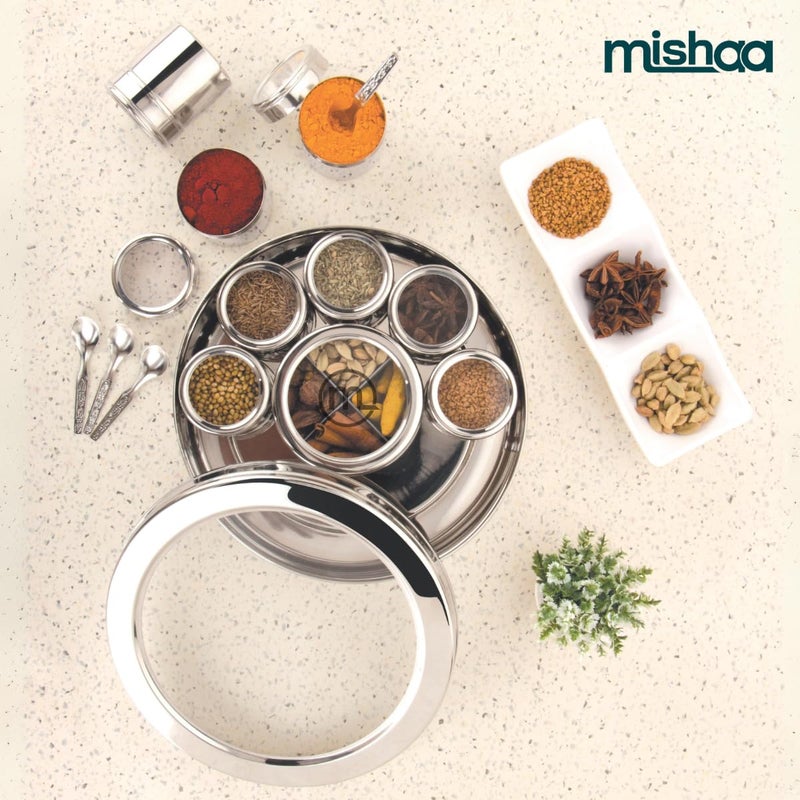Mishaa 12 In 1 Stainless Steel Masala Box for Kitchen Stylish Spice Box Durable Spice Storage Solution Masala Box with 12 Containers Spice Container for Kitchen Organizer Popula Dabba Size13 - Image 2