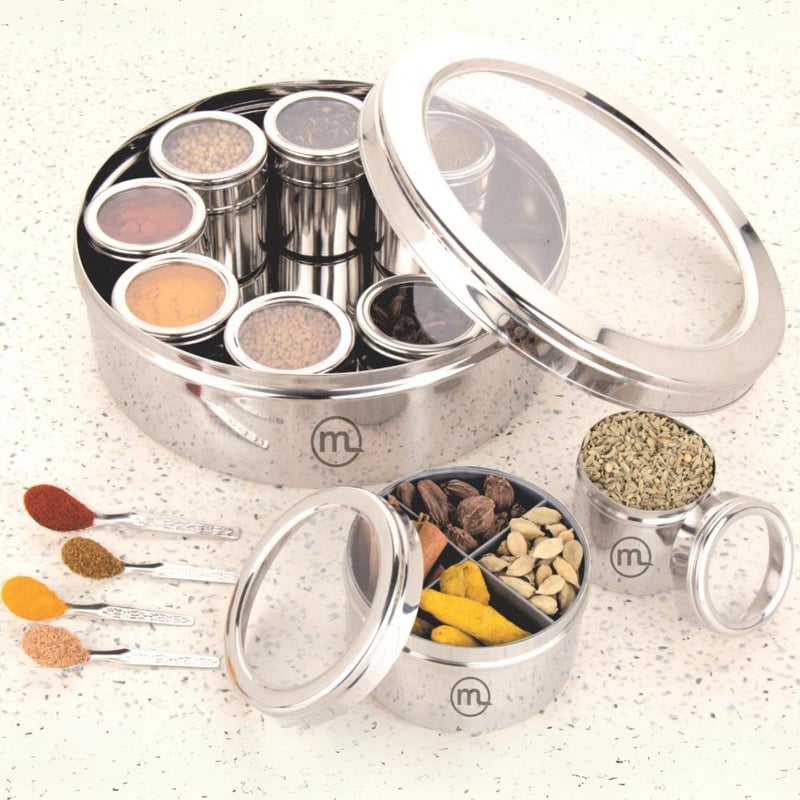 Mishaa 12 In 1 Stainless Steel Masala Box for Kitchen Stylish Spice Box Durable Spice Storage Solution Masala Box with 12 Containers Spice Container for Kitchen Organizer Popula Dabba Size13 - Image 1