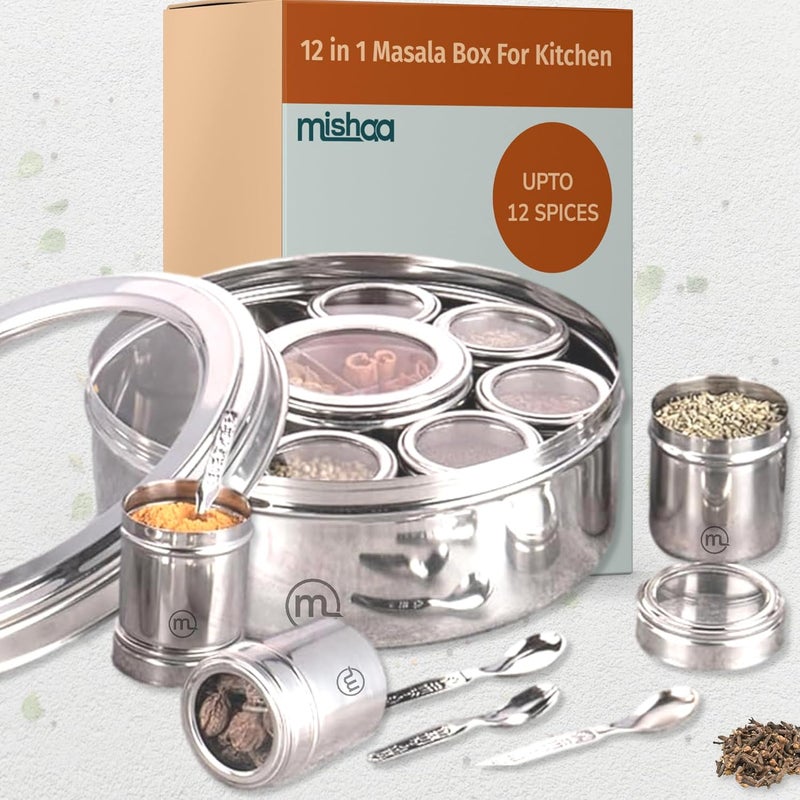 Mishaa 12 In 1 Stainless Steel Masala Box for Kitchen Stylish Spice Box Durable Spice Storage Solution Masala Box with 12 Containers Spice Container for Kitchen Organizer Popula Dabba Size13 - Image 3