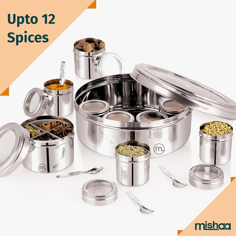 Mishaa 12 In 1 Stainless Steel Masala Box for Kitchen Stylish Spice Box Durable Spice Storage Solution Masala Box with 12 Containers Spice Container for Kitchen Organizer Popula Dabba Size13 - Image 5