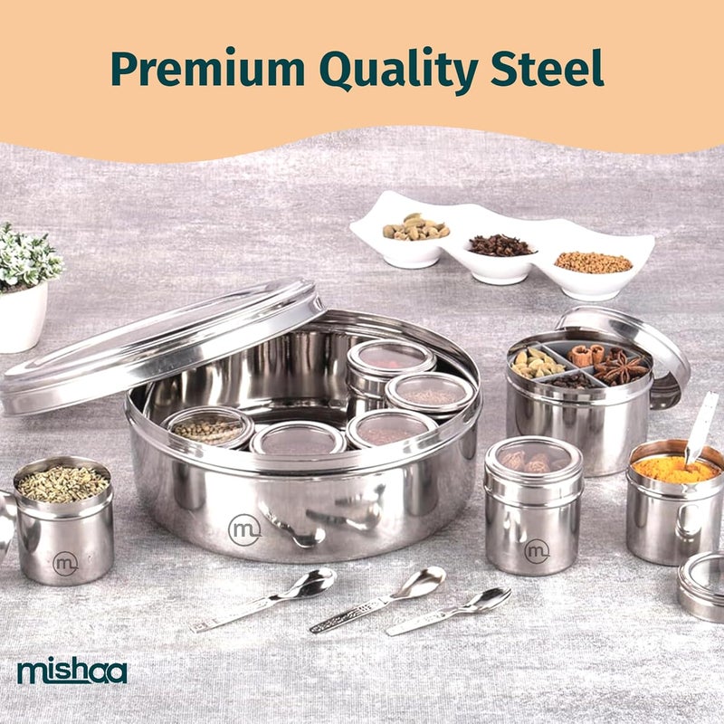 Mishaa 12 In 1 Stainless Steel Masala Box for Kitchen Stylish Spice Box Durable Spice Storage Solution Masala Box with 12 Containers Spice Container for Kitchen Organizer Popula Dabba Size13 - Image 4