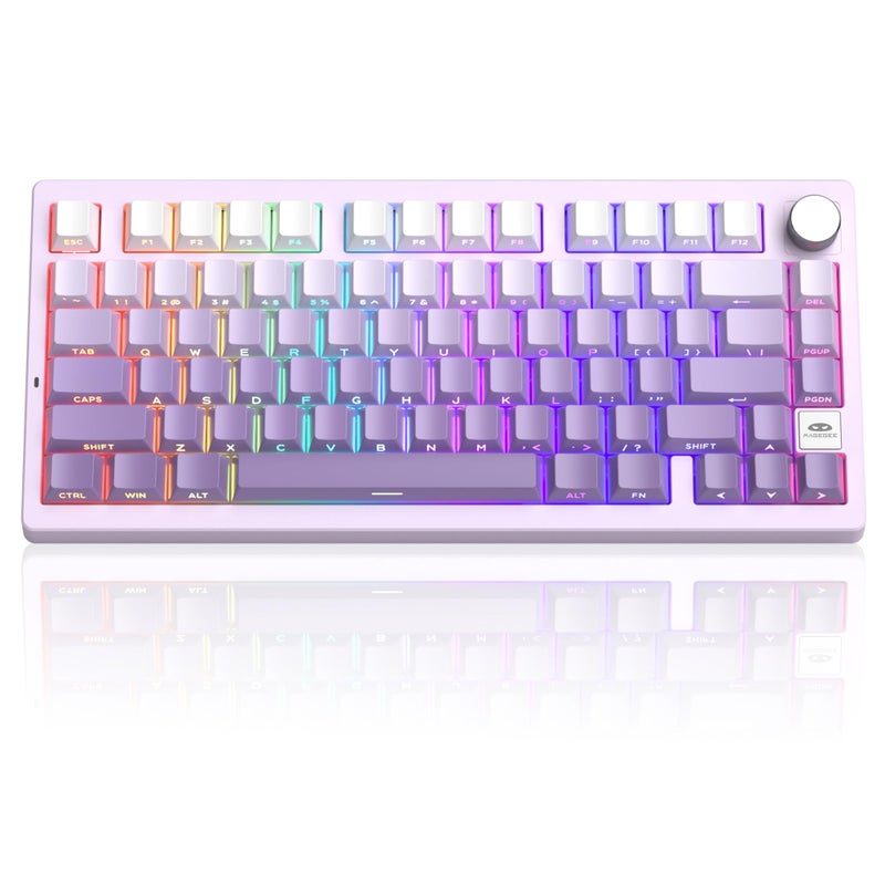 MageGee LIGHT75 Wireless Creamy Keyboard, Tri-Mode Bluetooth/2.4GHz/USB-C RGB Backlit, Gasket Hot Swappable Custom Gaming Keyboard for Win/Mac/PC, with Knob, Side Printed PBT Keycaps, Purple - Image 1