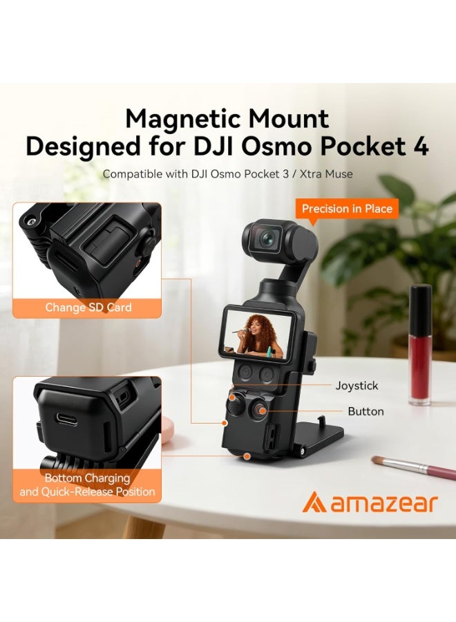 AMAZEAR Pocket 4 Magnetic Mount Stand Compatible with DJI Osmo Pocket 4/3/Xtra Muse, Pocket4 Accessories Adapter Clamp Magnet Suction Case Holder on Desktop/Vertical Surface, 180° Adjustable Handle - Image 3
