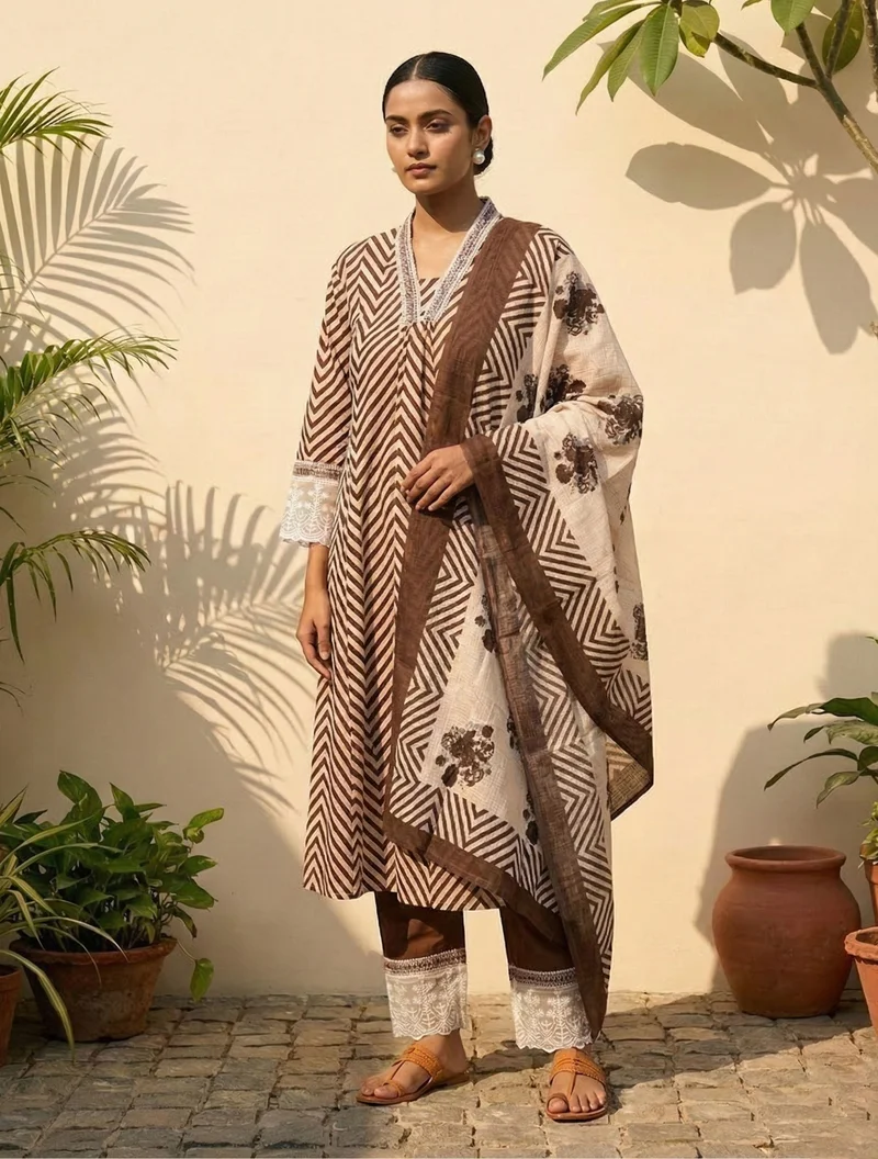 trueBrowns trueBrowns Brown Chevron Print Kurta Pant Dupatta Set