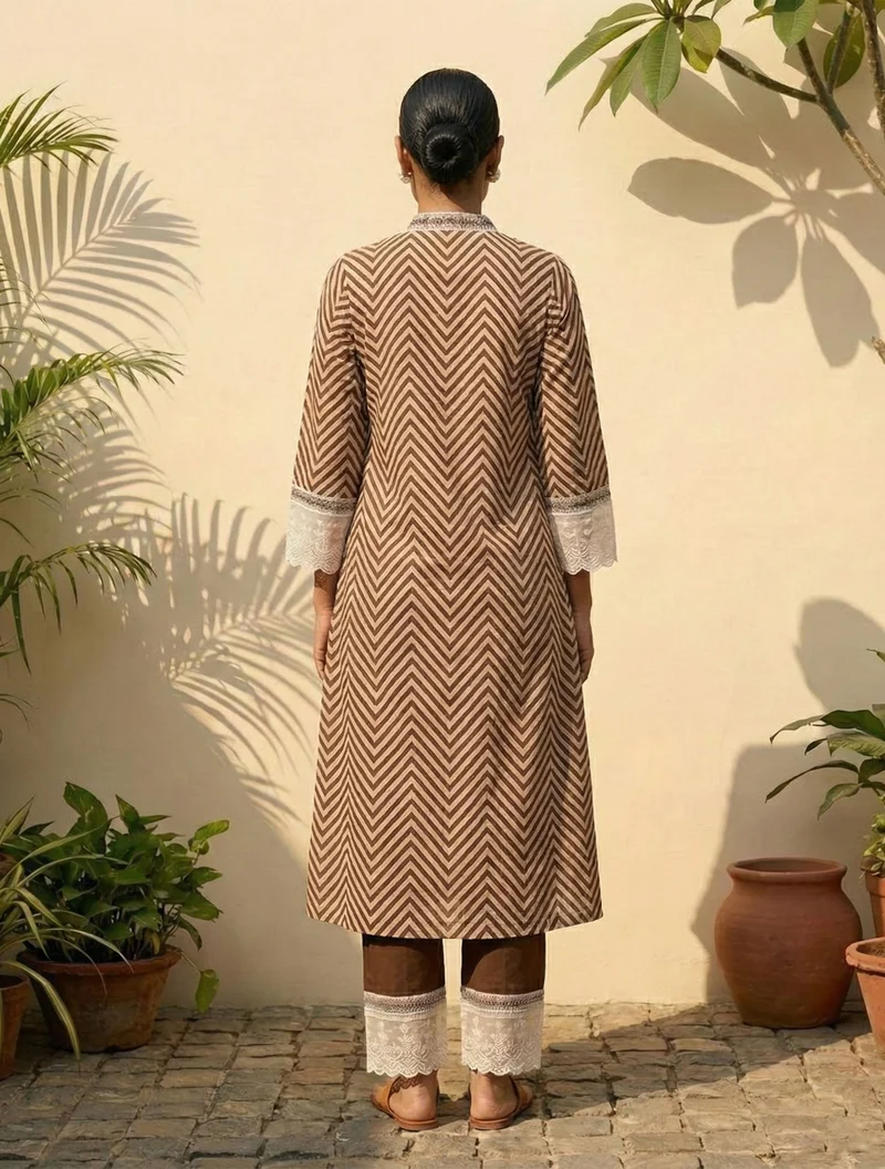 trueBrowns trueBrowns Brown Chevron Print Kurta Pant Dupatta Set
