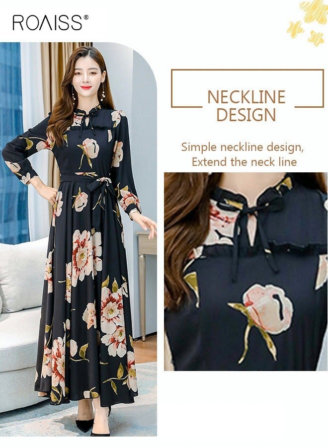 roaiss Women's Elegant Waisted Long Sleeve Printed Dress  Flattering Slim Fit Dress Featuring a Stylish Belt, Flowing Large Skirt Hem, and Vibrant Print for Ladies' Parties, Ramadan Gatherings, and Eid al-Adha Celebrations Black - Image 5